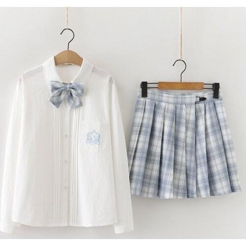 Woman School Uniforms Embroidery Shirts Sexy Collage Student Sailor Party Costume Long Sleeve JK Suit Girls Pleated Skirt