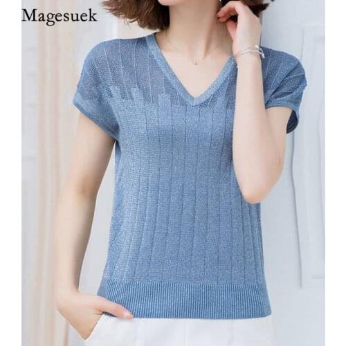 Short Sleeve Knitted Womens T Shirt ce Silk Summer T-Shirt Fashion V-neck T Shirt Women Casual Female Tees Tops Blusas 13780