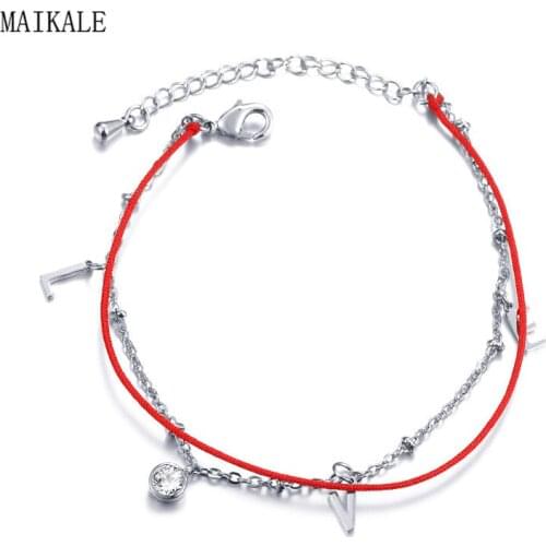 MAIKALE Simple Red Rope Bracelet Round Cubic Zirconia Handchain Friendship Bracelets Bangles for Women Wedding Jewelry Gift