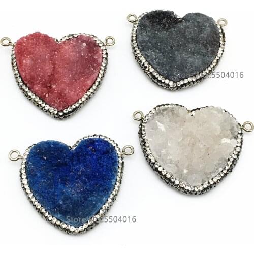 Natural Stone Heart Drusy Pendant Necklace Druzy Heart Statement Pendants Two Holes Fine Jewelry Necklace For Women Lovers Gift