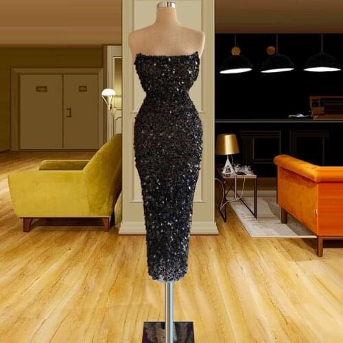 Tea Length Beading Little Black Dress Sheath Strapless платье 2021 vestidos Girls Celebrity Dresses sukienki koktajlowe