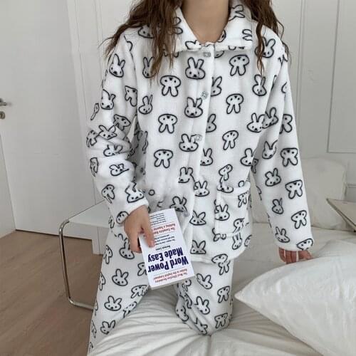 Winter Cartoon Rabbit Flannel Long-sleeved Female Womens Pajamas Thick Coral Fleece Pajamas Cute Students Homewear At Home Pjs