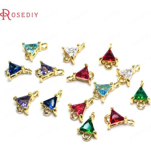 38258)10PCS 5MM 24K Champagne Gold Color Brass and Zircon 2 Holes Triangle Connect Charms Pendants Jewelry Findings Accessories