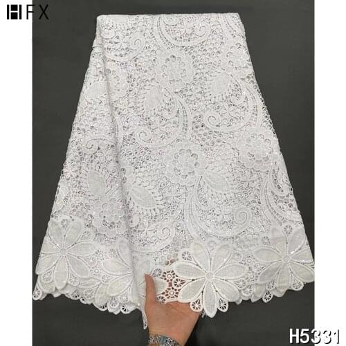 HFX Pure White Cord Lace African Lace Fabric Guipure Lace With Sequins French Lace Nigerian Lace Fabric For Party Dress X5331