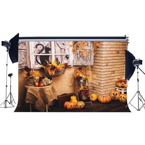 Photography Backdrops Halloween Pumpkin Fresh Flowers Autumn Harvest Greeting Leaves Vine Black Cat Masquerade Background
