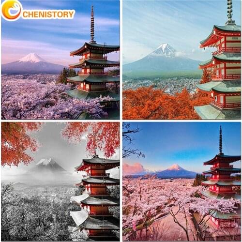 Painting By Numbers Beautiful Fuji Cherry Blossom Scenery Acrylic Oil Painting Hand Painted Art Gift DIY Picture Kits Home Decor