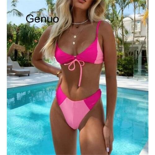 Sexy Bikini Pink Patchwork Front Tie Padded Swimsuit Beach Bathers Bathing Suit Push Up Thong Swimwear Banador Mujer