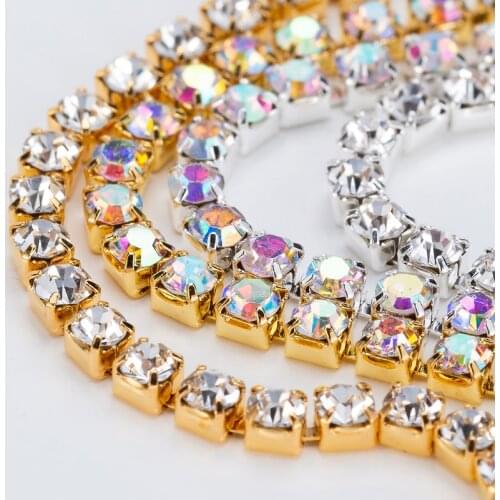 Taidian Metal Banding Ss6&ss8 Clear And Crystal AB Stone Fabric Ribbom Rhinestones 10yards Rolls Glass Crystal Strass Jewelry