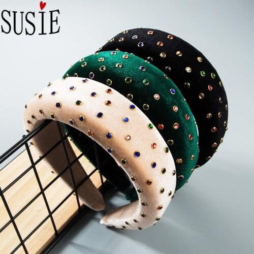 LOVE SUSIE Fashion Hairband For Women Party Walking Show Hair Accessories Gold Velvet Headband Rhinestones Wide Brim Hair Bands