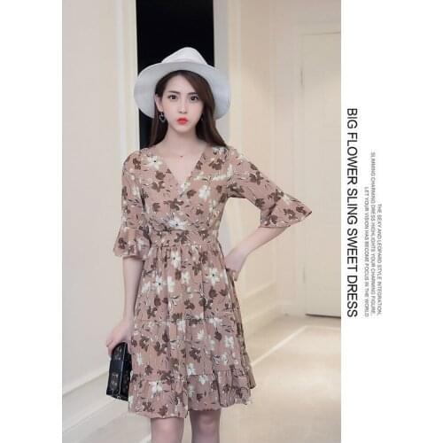 Sweet summer 2017 new V printing Floral Chiffon Dress collar