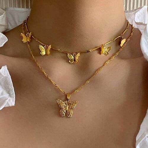 Fashion Gold Color Trend Butterfly Pendant Double Layer Necklace Bohemia Simple Choker for Women Jewelry Gifts