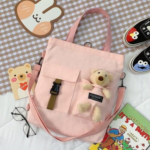 Fashion Trend Womens Bags 2021 New Canvas Shoulder Bag Cute Bear Student Messenger Bag Literary Zipper Luxury Handbags Tote Bag