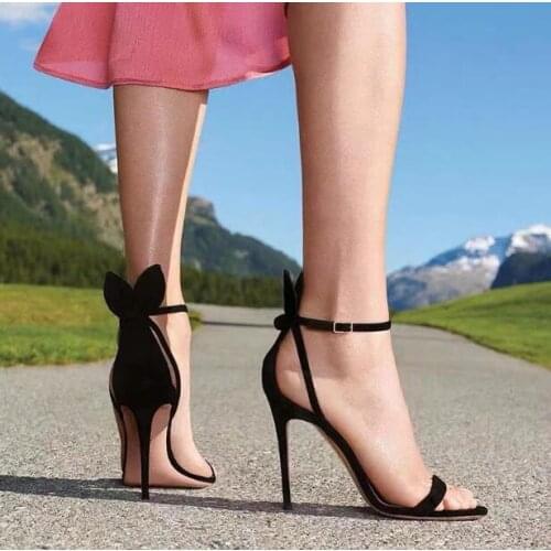 Fashion Woman Black Nude Suede Butterfly Knot Back High Heel Sandals Female Simple One Line Ankle Buckle Strap Party Sandals