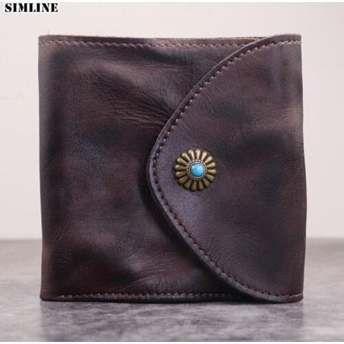 SIMLINE Genuine Leather Men Wallet Vintage Handmade Mens Short Trifod Wallets Purse With Card holder Coin Pocket Money Bag Male