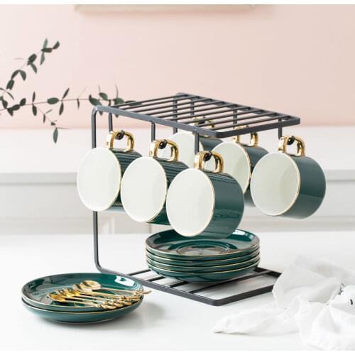 European Ceramic Coffee Mug Set Of 6 Luxury Porcelain Gold Handle Cup and Saucer With Shelf Tray Spoon Suit Office Home