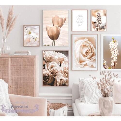 Nordic Beige Flowers Plants Posters and Prints Rose Tulip Cherry Blossoms Canvas Painting Wall Art Picture for Living Room Decor