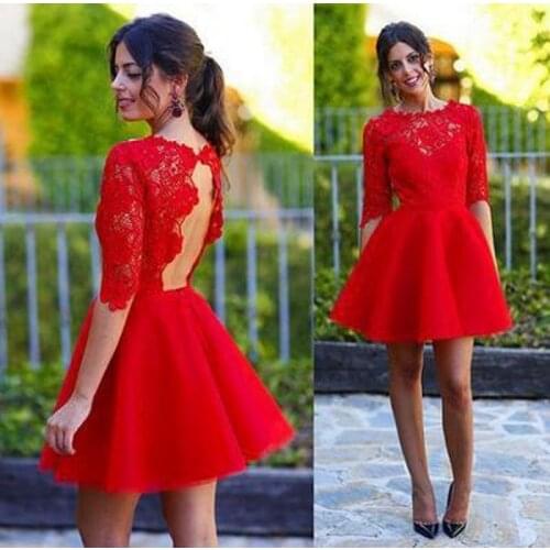 New Cheap Mini Short Homecoming Dresses Red A-Line Lace Half Sleeve Short Prom Formal Cocktail Party Dresses robe de soriee