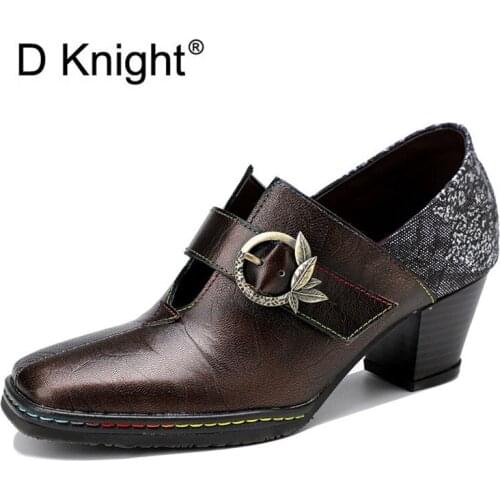 New In Retro Thick Heel Womens Autumn High-Heeled Shoes Pumps Square Toe Hand-Printed Cow Leather Single Pumps Woman Shoes Hot