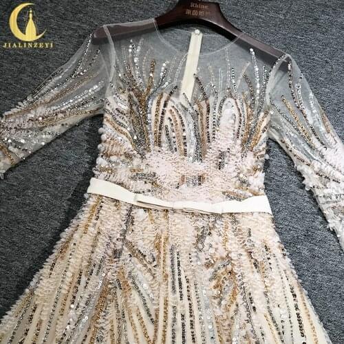 Rhine Real Elie Saab Long Sleeves Light Champange Beads Sequins women evening dress long formal dresses платье 2021