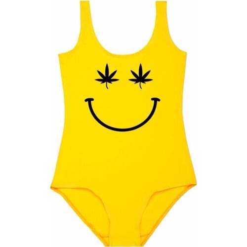 Weed leaf smiley One piece suit bodysuit swimwear beachwear monokini rompers backless jumpsuit high cut beachwear party suit