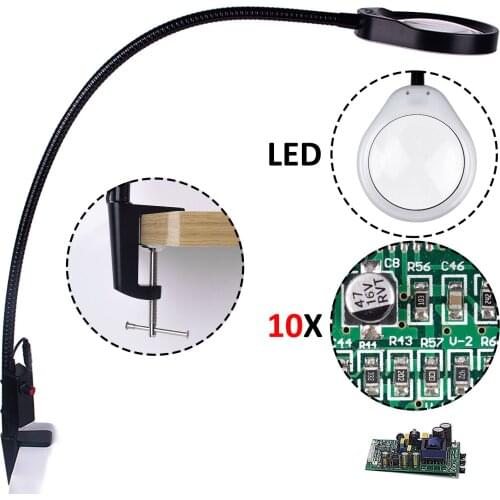 Professional 5X 10X Magnifying Glass Desk Lamp Magnifier Adjust LED Light Reading Lamp with Three Dimming Modes USB Power Supply