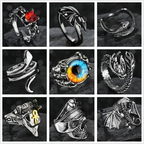Punk Vintage Metal Open Ring Resizable Devil Dragon Gothic Evil Vampire Angel Wings Rings Opensize Halloween Party Jewelry