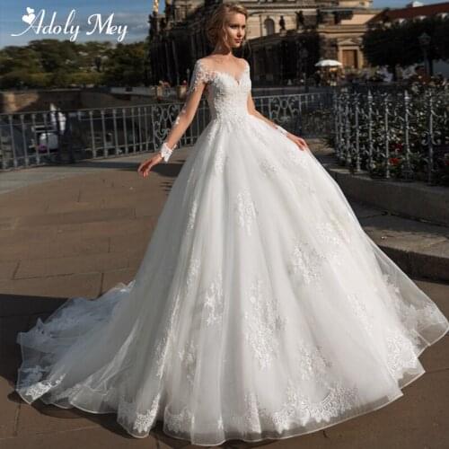 Adoly Mey Gorgeous Appliques Court Train A-Line Wedding Dress 2021 Romantic Scoop Neck Beading Long Sleeve Vintage Bridal Gown