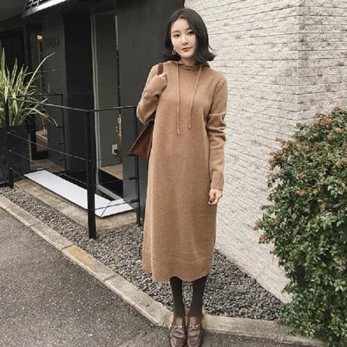 Autumn/winter womens clothing womens sweaters knitted long sweaters hooded clothing sweaterdresses thick clothing 5083