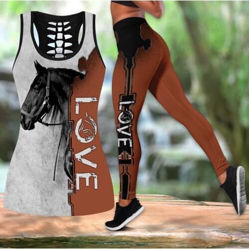 Beautiful Love Horse 3D All Over Printed Hollow Tank Top & Leggings Set Fitness Female Full Length Leggings Running Pants DDK69