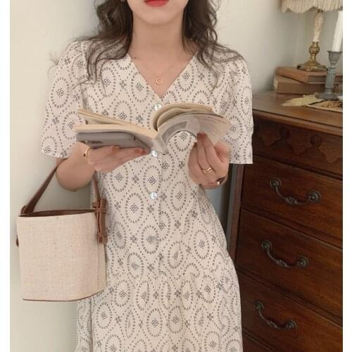 Vintage Print Summer Dress Women Korean Long Midi Dress Single Breasted Shirts Dress Elegant Harajuku Party V-Neck Harajuku
