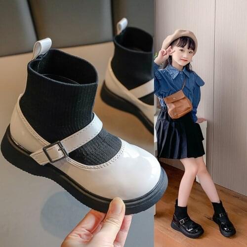 2021 Fashion Kid Chelsea Boots For Girls Autumn Ankle Boots Socks For ChildrenS Leather Sneakers Black Shoes 3 5 7 8 9 12 Years