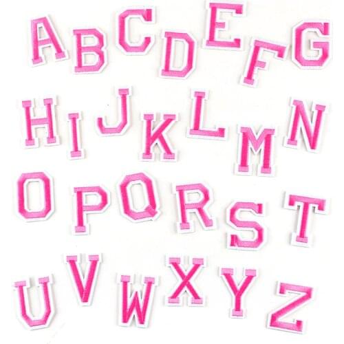 26Pcs Pink Letter Iron on Patches Alphabet Embroidery Applique for Clothing Stripe Clothes Fabric Sticker DIY Logo Name Brand