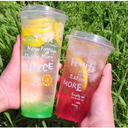50pcs Net red 90mm caliber fruit flower tea packaging cups 500ml clear plastic cup ice strawberry orange milkshake cup with lid