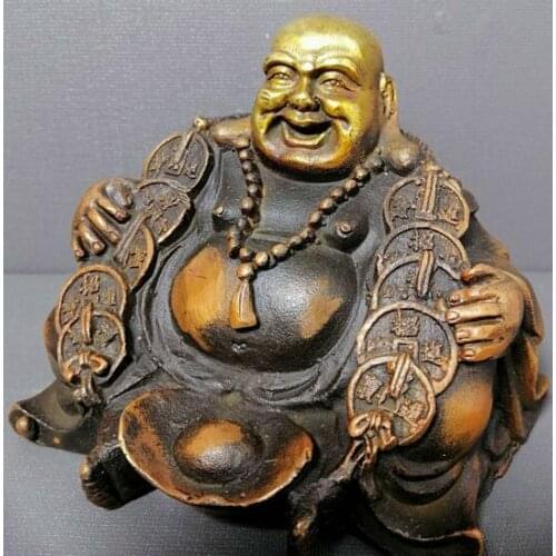 8CM Pure Bronze Gilt Carving Happy Laugh Maitreya Buddha Wealth Yuanbao Statue