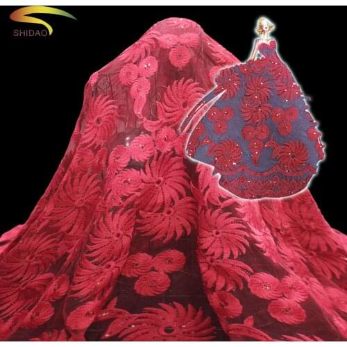 African fashionable festive women red lace embroidery textiles