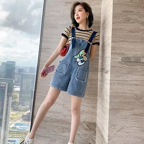 Awarose Summer Short Sleeve Striped Knit T-shirt Cartoon Denim Overalls Clothes Suit Women Wide Leg Shorts Top 2 Two Piece Set