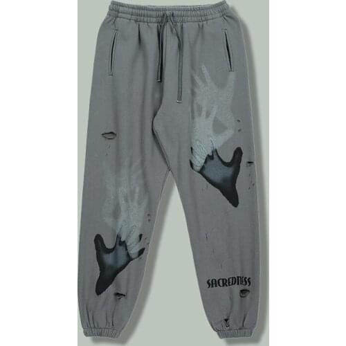 Hip Hop Retro Thicken Hole Casual Pants Men Harajuku Elastic Palm print Trousers 2021Winter Joggers Breathable Knit Sports Pants