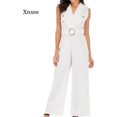 White Elegant Straight Rompers V Neck Women Sleeveless Jumpsuit Summer Lapel Casual Stripe Button Pants Ladies Wide Leg Trousers