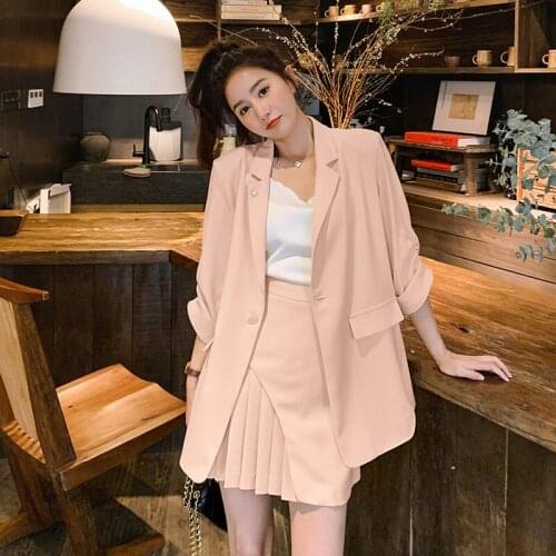Summer Thin Suit + Pleated Hakama Two Piece Set 2021 Korean Version Loose Temperament Slim Blazer And Skirt Women Outfit zh697