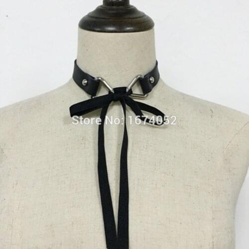 Fashion Jewelry 100% Handcrafted Punk Cute Lolita Lace up Tie Ribbon Choker Real Leather Gothic Sub Collar Bow Necklace