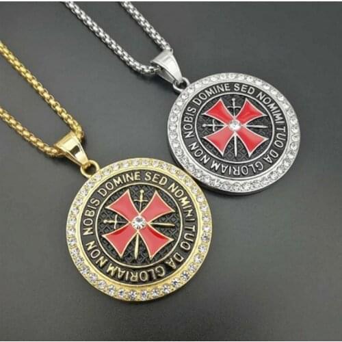 Men Vintage Knights Templar Cross Pendant Necklaces with Cubic Diamonds Temple Necklace for Male Hip Hop Jewelry Gifts