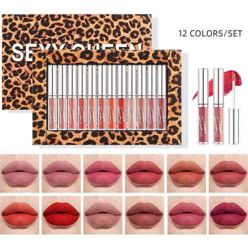 12 Color Lip Gloss Set Matte Long-lasting Waterproof Non-stick Cup Non-fading Pigments Liquid Lipstick Makeup Set Cosmetic