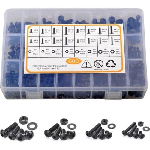 600PCS M3 M4 M5 M6 Hex Hexagon Socket Pan Head Screw Nut Kit Black Carbon Steel Allen Round Head Screw Bolt Nut Washer Set
