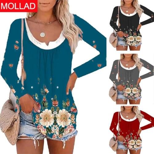 2021 European and American Autumn New Womens Casual Printed Long-Sleeved Bottoming Shirt Crew Neck T-shirt Top Womens