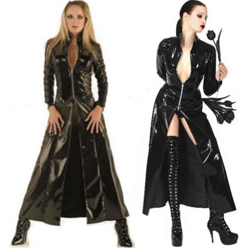 Sexy Plus Size Vinyl Clubwear Balck Pvc Faux Leather Long Sleeves Gothic Long Coat For Men Women PU Leather Coat Trench