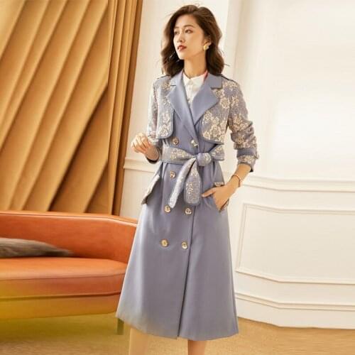 Spring Fall Fashion Women Double Breasted Lace Patchwork Blue Trench Coat , Womans Clothes Korean Designer Duster Coats