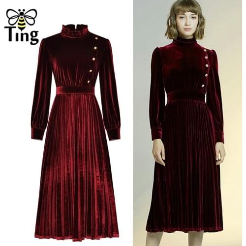 Tingfly Runway Chic Velvet Dress Vintage Elegant Button Decor Midi Pleated Party Dinner Dress Velvet Retro Vestidos Haut Ruched