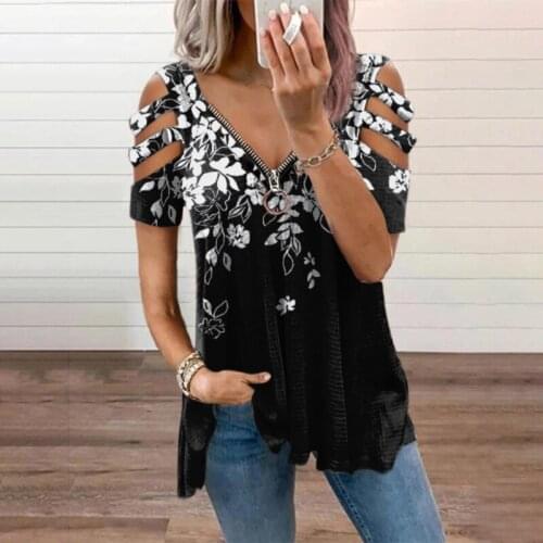 Hot Ladies Loose Top T-Shirt Zipper Hollow Out Sexy Print Tshirt V-Neck Zipper Pullover Print Short-Sleeved Casual Summer Top