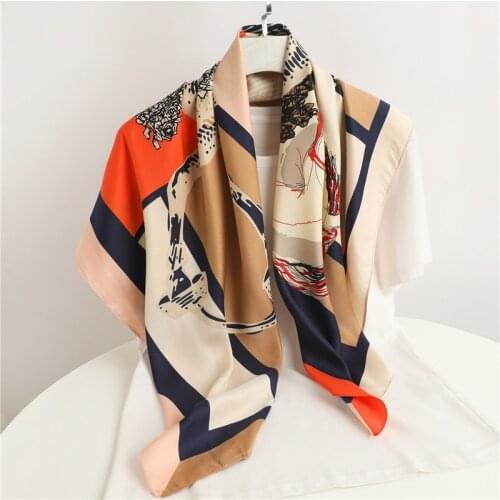 Luxury Twill 90*90cm Square Scarf Hijab Print Neckerchief Summer Beach Shawl Wrap Bandana Girls Headband Scarves Foulard 2021