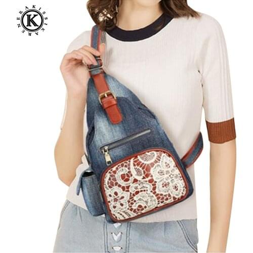 Stylish Lace Flower Women Sling Bags Jeans Womens Purse Bag Denim Single Shoulder Travel Saddle Pouch Chest Bags